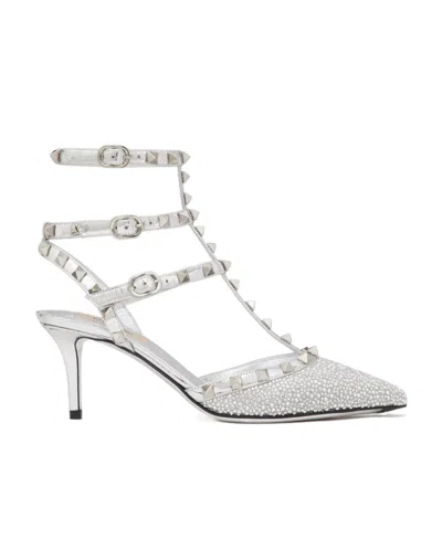 Valentino Garavani Rockstud Ankle Strap Pumps In Crystal/pearl Grey/silver