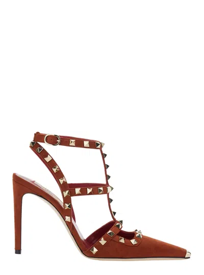 Valentino Garavani Rockstud Ankle Strap Pumps With Mini Heel In Brown