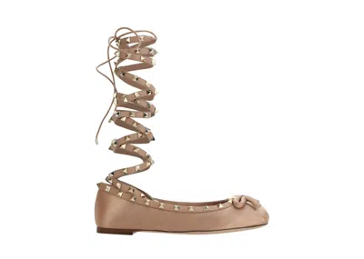 Pre-owned Valentino Garavani Garavani Rockstud Ballerinas (women's) Sneakers In Beige In Sand