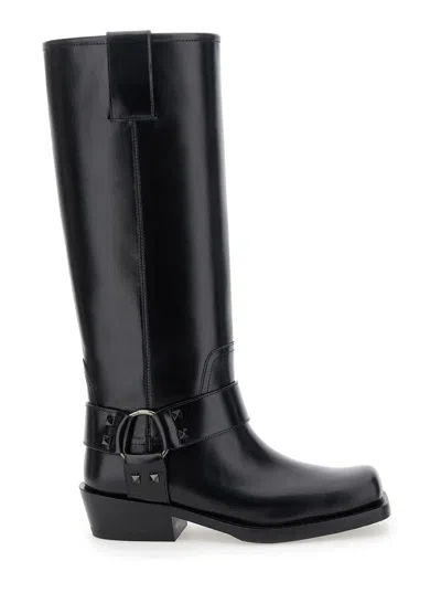 VALENTINO GARAVANI VALENTINO GARAVANI 'ROCKSTUD' BLACK BOOTS WITH SQUARE TOE IN LEATHER