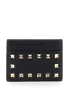 Valentino Garavani 'rockstud' Black Card-holder With Studs In Hammered Leather Woman In Multicolor