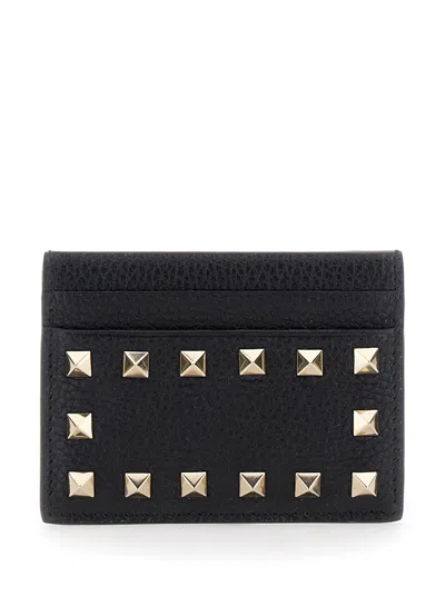 Valentino Garavani 'rockstud' Black Card-holder With Studs In Hammered Leather Woman In Multicolor