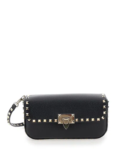 Valentino Garavani 'rockstud' Black Crossbody Bag In Grained Leather Woman In Multicolor