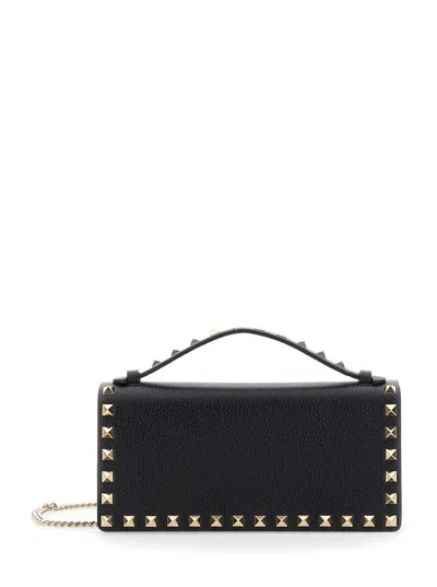 Valentino Garavani 'rockstud' Black Crossbody Bag With Removable Chain-link Shoulder Strap In Leathe