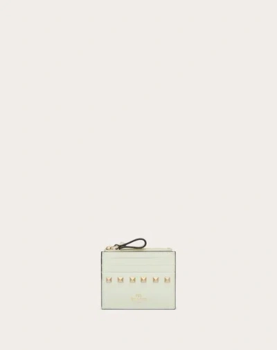 Valentino Garavani Rockstud Calfskin Cardholder With Zip Woman Meadow Mist Uni In Green