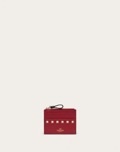 Valentino Garavani Rockstud Calfskin Cardholder With Zip Woman Rosso Valentino Uni