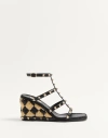 Valentino Garavani Rockstud Calfskin Wedge Sandal With Check Embroidery 80mm Woman Black/natural 38 In Black/natural