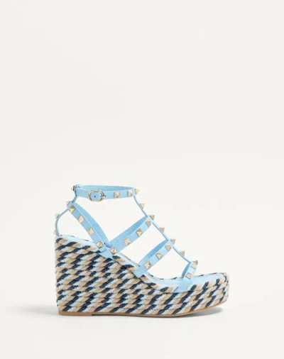 Valentino Garavani Rockstud Calfskin Wedge Sandal With Straps 95mm Woman Baltic Blue 37 In Multi