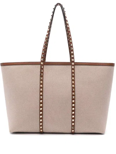 Valentino Garavani Canvas And Leather Shoulder Bag With Iconic Studs In Beige