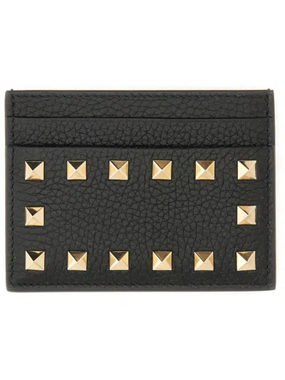 Valentino Garavani Rockstud Leather Card Holder In Black