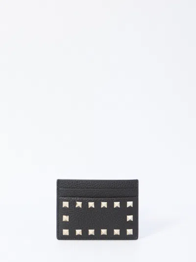 Valentino Garavani Rockstud Leather Cardholder In Black