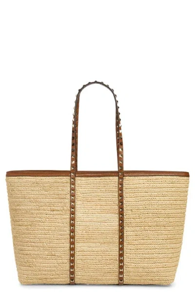 Valentino Garavani Rockstud Crochet Raffia Tote In Neutral