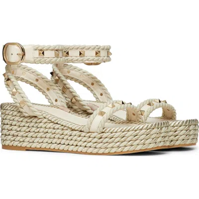 Valentino Garavani Rockstud Flatform Espadrille Sandal In White