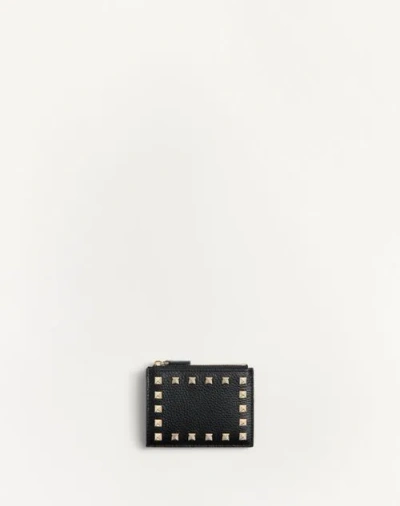 Valentino Garavani Rockstud Grainy Calfskin Cardholder With Zip Woman Black Uni