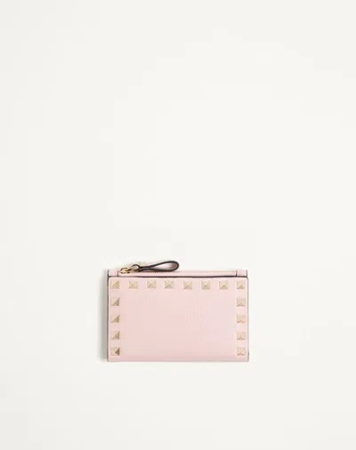 Valentino Garavani Rockstud Grainy Calfskin Cardholder With Zip Woman Pink Uni