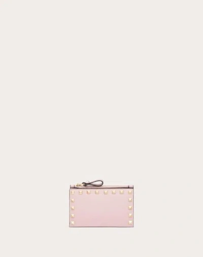 Valentino Garavani Rockstud Grainy Calfskin Cardholder With Zip Woman Pink Uni
