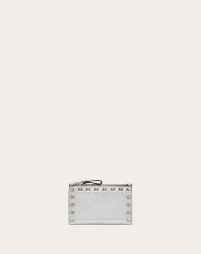 Valentino Garavani Rockstud Grainy Metallic Calfskin Card Holder With Zip Woman Silver Uni