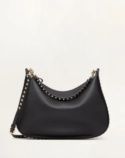Valentino Garavani Rockstud Hobo Bag In Grainy Calfskin Woman Black Uni
