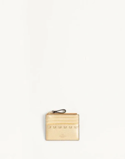 Valentino Garavani Rockstud Laminated Grainy Calfskin Card Holder With Zip Woman Antique Brass Uni