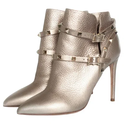 Pre-owned Valentino Garavani , Rockstud Leather Ankle Boots In Metallic Leather In Brown