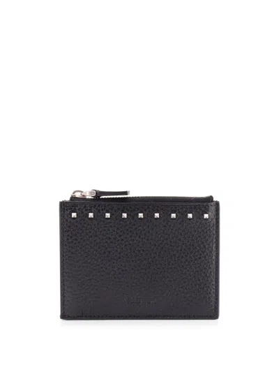 Valentino Garavani Rockstud Leather Card Holder In Black