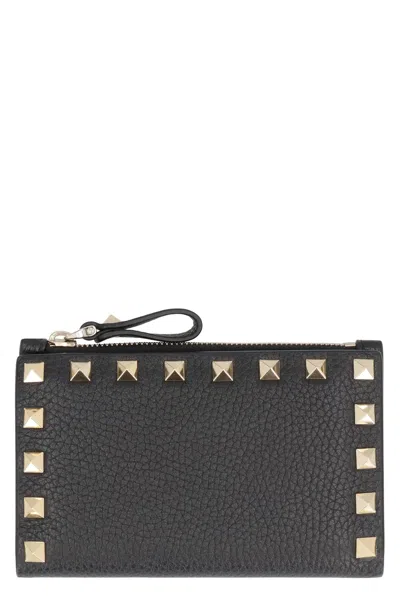 Valentino Garavani Rockstud Leather Card Holder In Black