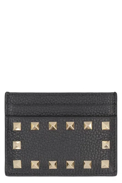 Valentino Garavani Rockstud Leather Card Holder In Black