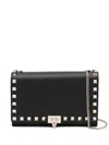 Valentino Pouch With Rockstud Chain In Grained Calfskin In Black