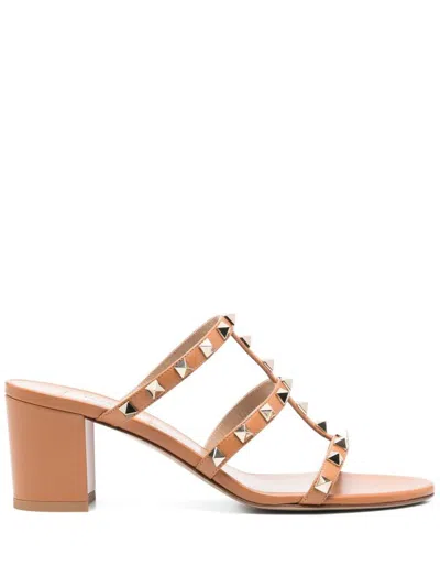 Valentino Garavani Rockstud Leather Mules In Brown