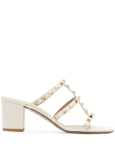 Valentino Garavani Rockstud Leather Mule Sandals With Studs And Mid Heel In White
