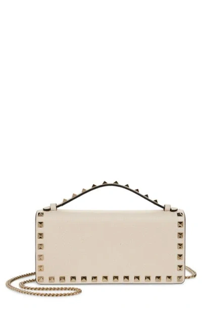 Valentino Garavani Rockstud Leather Wallet On A Chain In Light Ivory