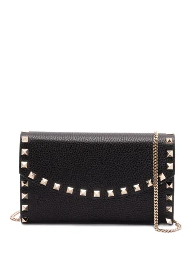 Valentino Garavani Rockstud Leather Wallet On Chain In Black