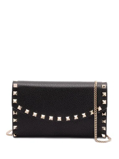 Valentino Garavani Rockstud Leather Wallet On Chain In Black