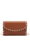Valentino Rockstud Leather Wallet On Chain In Brown