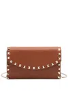 Valentino Rockstud Leather Wallet On Chain In Brown
