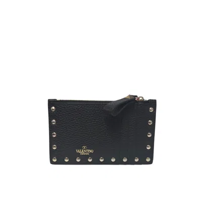 Pre-owned Valentino Garavani Rockstud Leather Zip Coin Purse Card Holder In Black