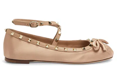 Pre-owned Valentino Garavani Garavani Rockstud Leathertrimmed Satin Ballet Flats (women's) Sneakers In Rose In Pink