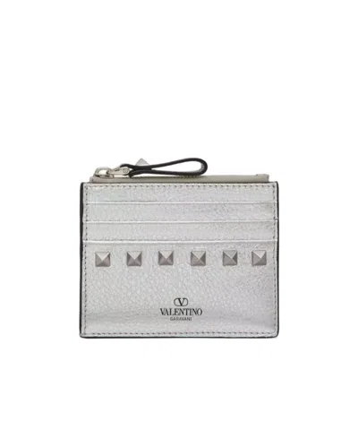 Valentino Garavani Rockstud Metallic Zip-up Cardholder In White