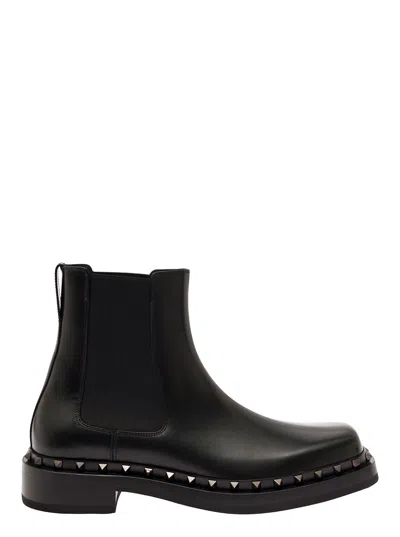 Valentino Garavani 'rockstud M-way' Black Ankle Boots With Studs Detailing In Smooth Leather Man In Multicolor