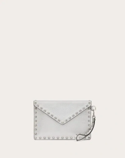 Valentino Garavani Rockstud Metallic Grainy Calfskin Clutch Bag Woman Silver Uni In Brown