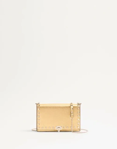 Valentino Garavani Rockstud Mini Calfskin Bag With Chain In Laminated Grainy Calfskin Woman Antique  In Antique Brass
