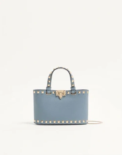 Valentino Garavani Rockstud Mini Shopping Bag In Grainy Calfskin Woman Stone Uni In Blue