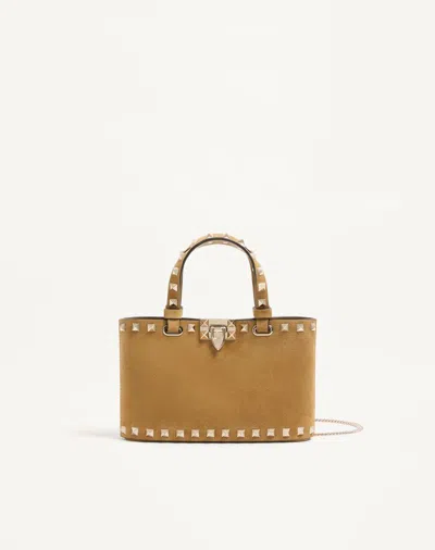 Valentino Garavani Rockstud Mini Suede Shopping Bag Woman Havana Beige Uni In Brown