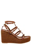 Valentino Rockstud Torchon 105 Leather Espadrille Wedge Sandals In Brown