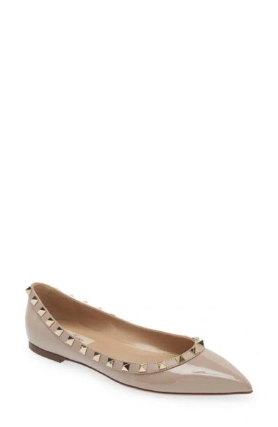 Valentino Garavani Valentino Pointed Toe Flat Shoes With Gold-tone Rockstuds In Pink