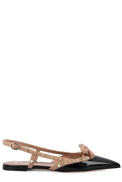 Valentino Garavani Rockstud Bow Patent Leather Slingback Flats In Black