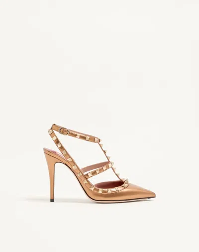 Valentino Garavani Rockstud Pump In Laminated Nappa Leather 100mm Woman Gold 42 In Brown