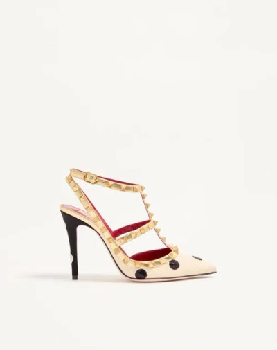 Valentino Garavani Rockstud Pump With Plus De Pois Embroidery 100mm Woman Butter/black 41 In Multi