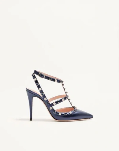 Valentino Garavani Rockstud Pumps In Laminated Nappa With Cabochon 100mm Woman Navy 41.5 In Blue