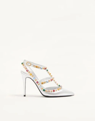 Valentino Garavani Rockstud Pumps In Laminated Nappa With Cabochon And Crystals 100mm Woman Silver 3 In Metallic